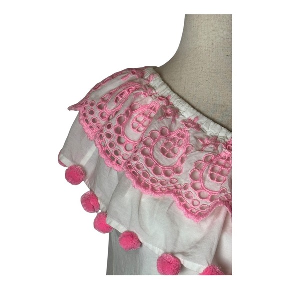 Lilly Pulitzer Shirt Women Small White Pink Idara One Shoulder‎ Eyelet Pom Pom - Picture 6 of 12
